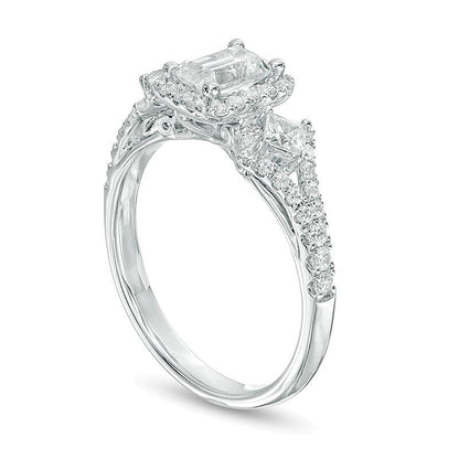 1.0 ct. Gesamtgewicht Dreistein-Verlobungsring mit Diamanten im Smaragdschliff in 14K Weißgold (I/I1)
