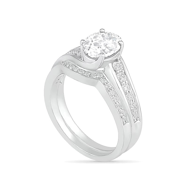 Braut-Set mit ovalem weißem Labor-Saphir in rhodiniertem Sterlingsilber