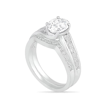 Braut-Set mit ovalem weißem Labor-Saphir in rhodiniertem Sterlingsilber