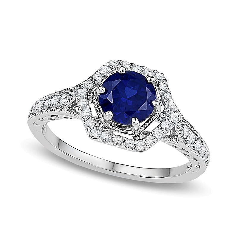 7,0 mm im Labor gezüchteter blauer Saphir und 0,38 ct. Gesamtgewicht Diamant Braut-Set in 10K Weißgold