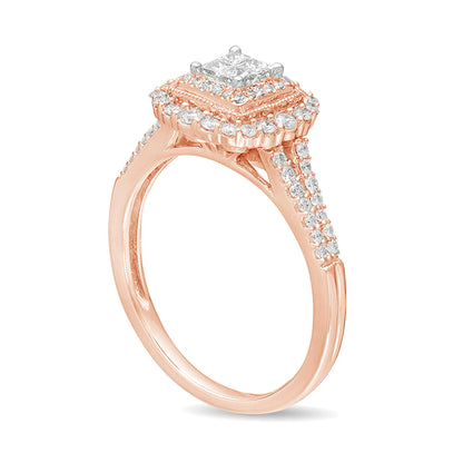 0.5 CT. Gesamtgewicht Halo-Verlobungsring im Vintage-Stil mit Diamanten im Princess-Schliff in 10K Roségold
