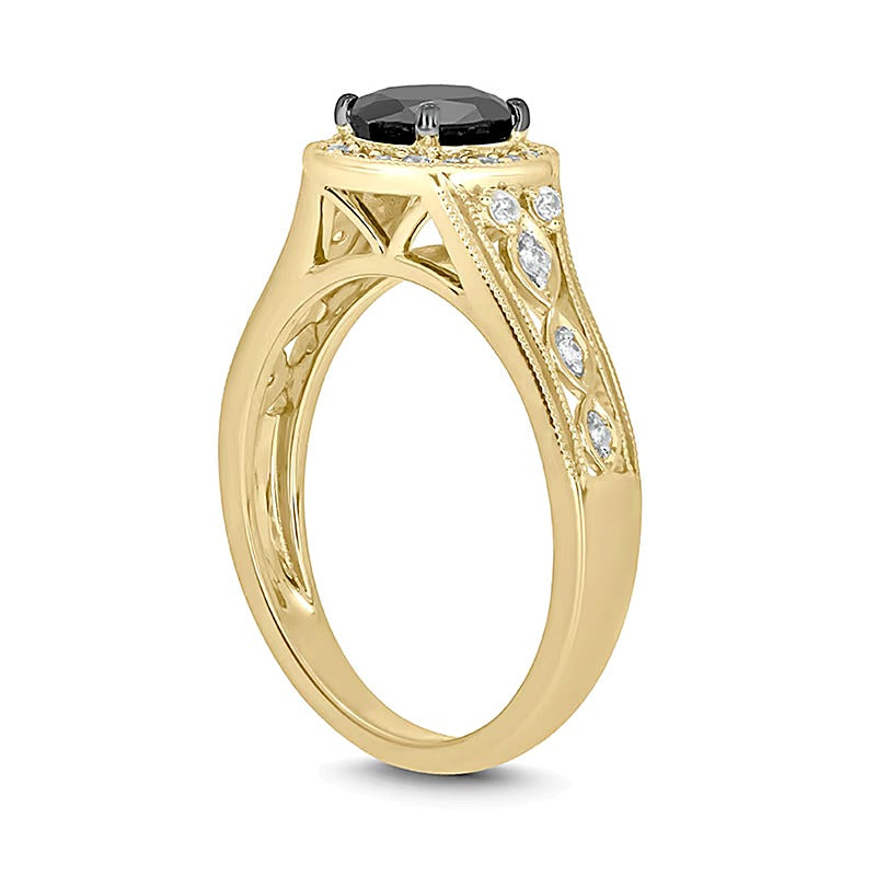 6,0 mm schwarzer Saphir und 0,2 ct. Gesamtgewicht Diamant Halo-Verlobungsring im Vintage-Stil mit gedrehter Ringschiene in 10K Gelbgold