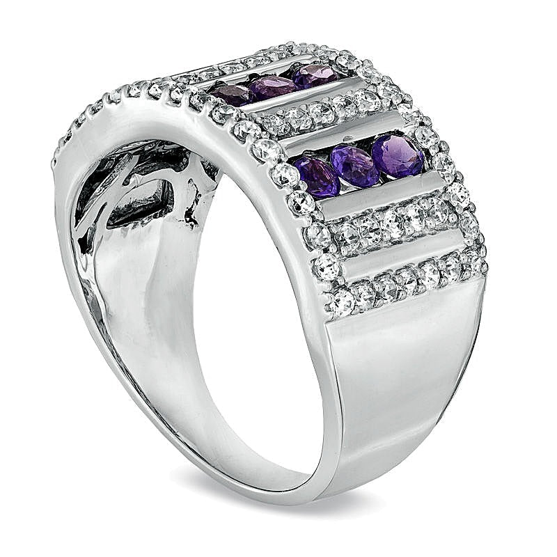 Amethyst und Diamant 0,63 ct. Gesamtgewicht Ring mit drei Reihen aus rhodiniertem Sterlingsilber