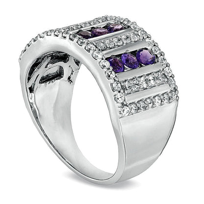 Amethyst und Diamant 0,63 ct. Gesamtgewicht Ring mit drei Reihen aus rhodiniertem Sterlingsilber