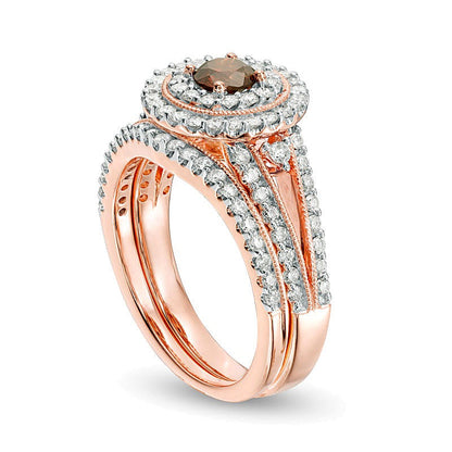 1,25 ct. Gesamtgewicht behandelter Champagne- und weißer Diamant Vintage-Style Braut-Set mit doppeltem Rahmen in 14K Roségold