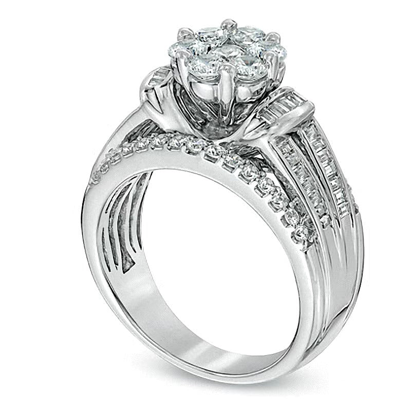 Verlobungsring mit Diamanten 1.25 ct. Gesamtgewicht, rund und Baguette, mehrreihig, in 10K Weißgold