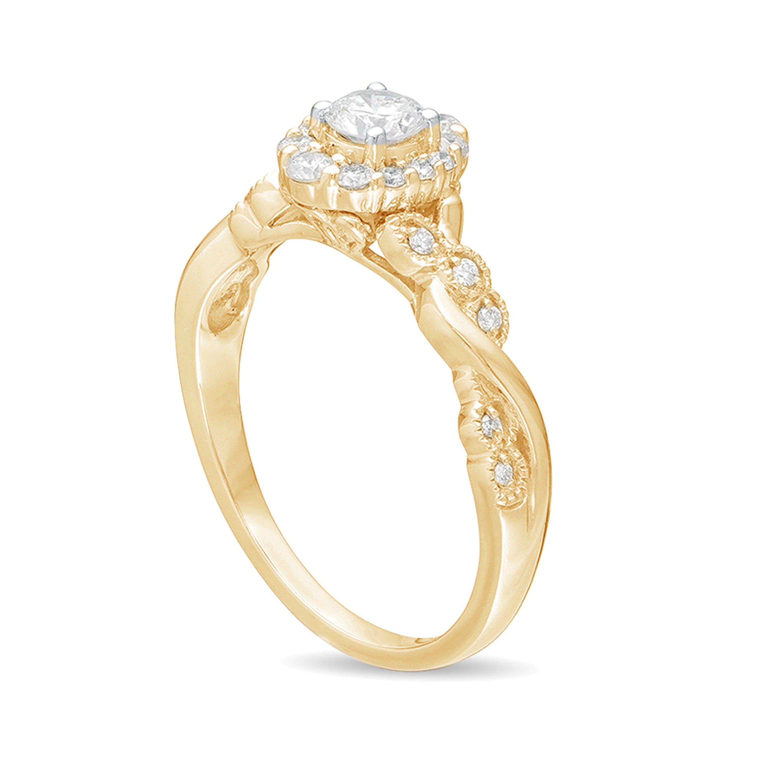 0.5 ct. Gesamtgewicht Diamant Verlobungsring im Vintage-Stil mit gedrehter Ringschiene und Halo aus 10K Gelbgold