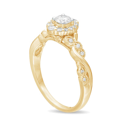 0.5 ct. Gesamtgewicht Diamant Verlobungsring im Vintage-Stil mit gedrehter Ringschiene und Halo aus 10K Gelbgold