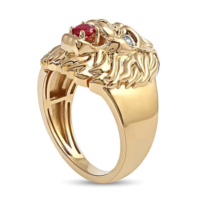 Löwenkopf-Ring mit Rubin und Diamant-Besatz in 10K Gelbgold