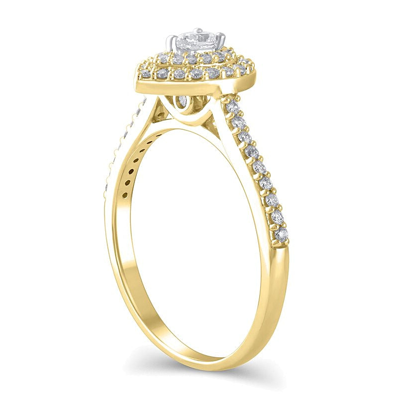 0,5 ct. Gesamtgewicht Verlobungsring mit tropfenförmigem Diamant und Halo in 10K Gelbgold
