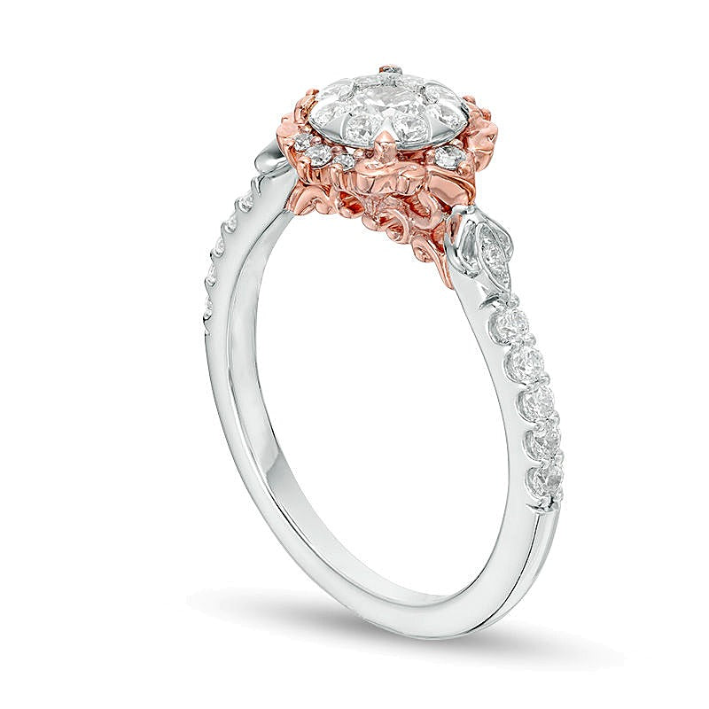 0.5 ct. Gesamtgewicht Diamant Halo Vintage-Verlobungsring mit filigranem Blütenrahmen in 10K Two-Tone Gold