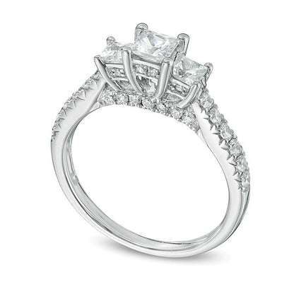 1.2 CT. Gesamtgewicht Dreistein-Ring mit Diamanten im Princess- und Rundschliff in 14K Weißgold (J/I1)
