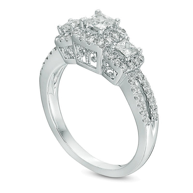 1.0 ct. Gesamtgewicht Verlobungsring im Vintage-Stil mit Diamanten im Princess-Schliff und Dreistein-Design in 14K Weißgold für Damen