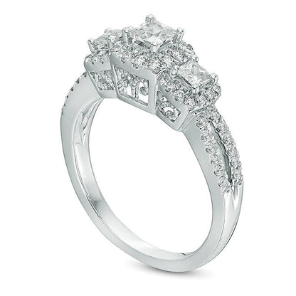 1.0 ct. Gesamtgewicht Verlobungsring im Vintage-Stil mit Diamanten im Princess-Schliff und Dreistein-Design in 14K Weißgold für Damen