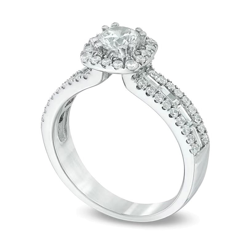 Halo Verlobungsring mit Diamanten in rundem und Baguette-Schliff, 1.5 CT. TW, 14K Weißgold (I/SI2)
