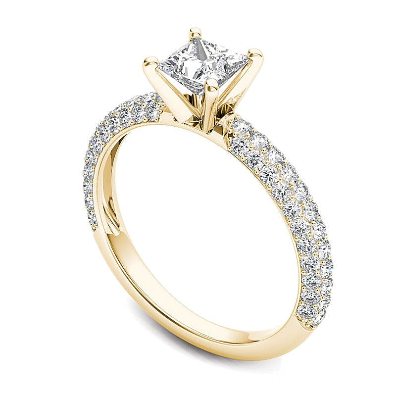 Solitär-Verlobungsring mit seitlichem Besatz und Diamanten im Princess- und Rundschliff, 1.0 ct. Gesamtgewicht, in 14K Gelbgold