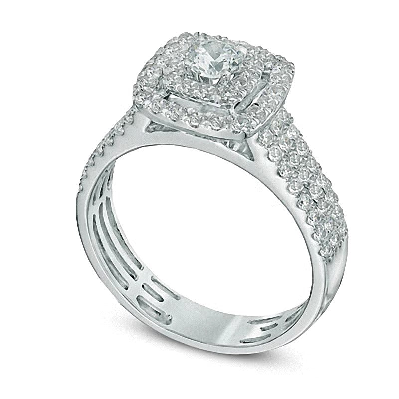 1.0 CT. TW Diamant-Verlobungsring mit doppeltem Halo und drei Reihen in 14K Weißgold