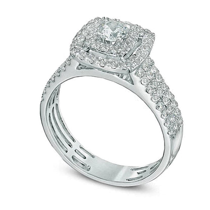 1.0 CT. TW Diamant-Verlobungsring mit doppeltem Halo und drei Reihen in 14K Weißgold