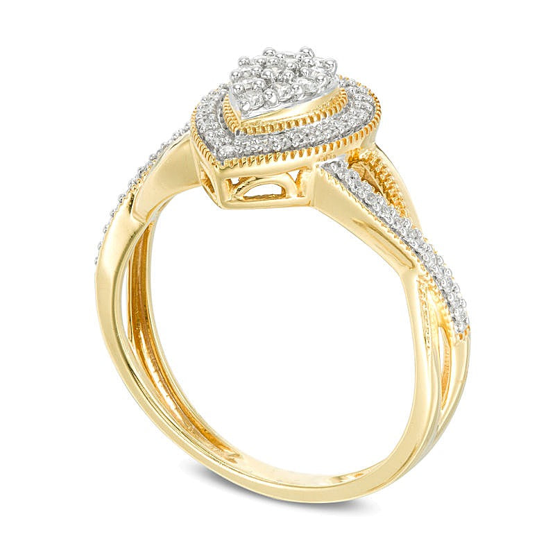 0.25 ct. Gesamtgewicht Komposit-Diamant Ring mit tropfenförmigem Rahmen im Vintage-Stil in 10K Gelbgold