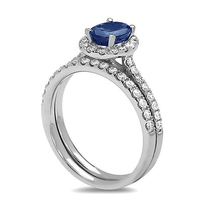 Braut-Set mit ovalem blauem Saphir und Diamanten 0,63 ct. Gesamtgewicht in 14K Weißgold