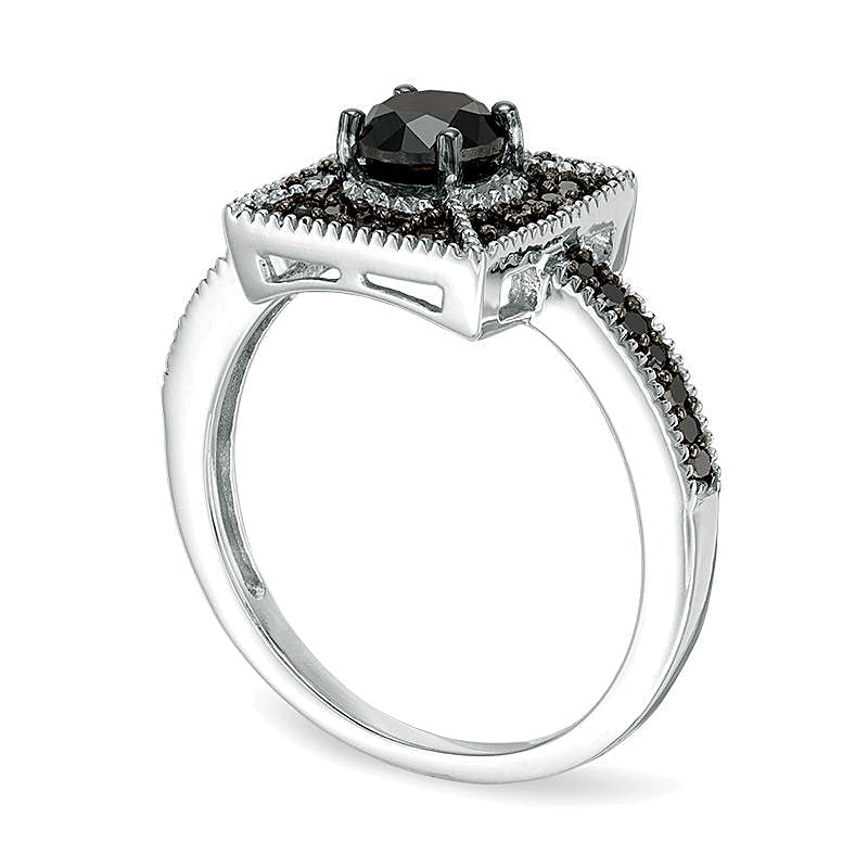 1,0 ct. Gesamtgewicht Fashion-Ring mit schwarzen Diamanten und quadratischem Rahmen aus rhodiniertem Sterlingsilber