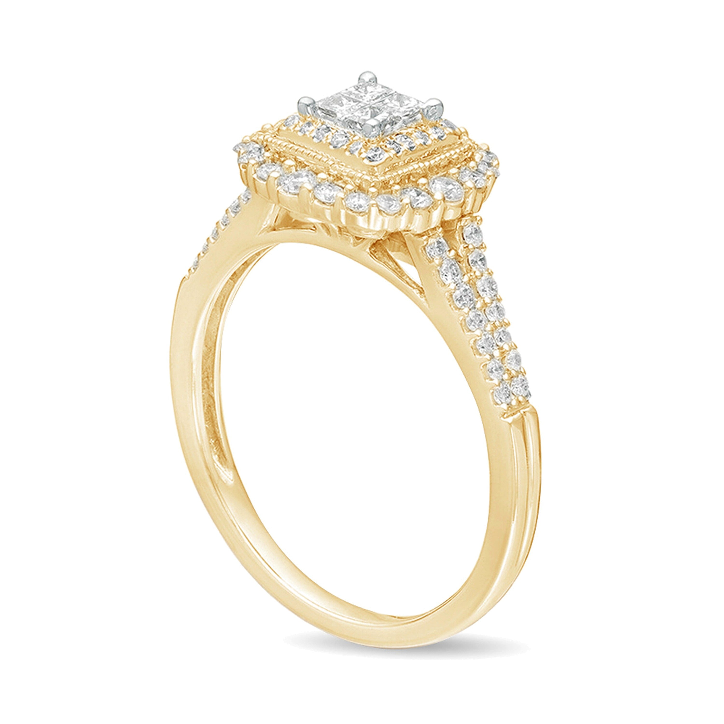 0.5 ct. Gesamtgewicht Verlobungsring im Vintage-Stil mit Diamanten im Princess-Schliff und quadratischem Halo aus 10K Gelbgold
