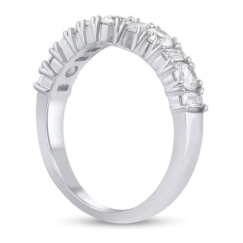 Konturring mit runden Diamanten und Diamanten im Baguette-Schliff im Wechsel, 1.0 ct. Gesamtgewicht, in 14K Weißgold