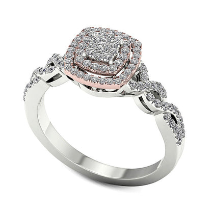0.33 ct. Gesamtgewicht Komposit-Diamant Verlobungsring mit doppeltem Kissenschliff-Rahmen und Twist-Design in 14K Gelb- und Weißgold