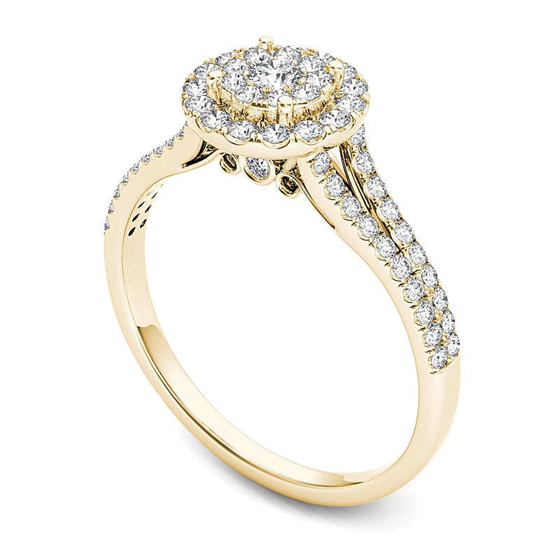 0.5 ct. Gesamtgewicht Komposit-Diamant Halo Verlobungsring in 14K Gelbgold