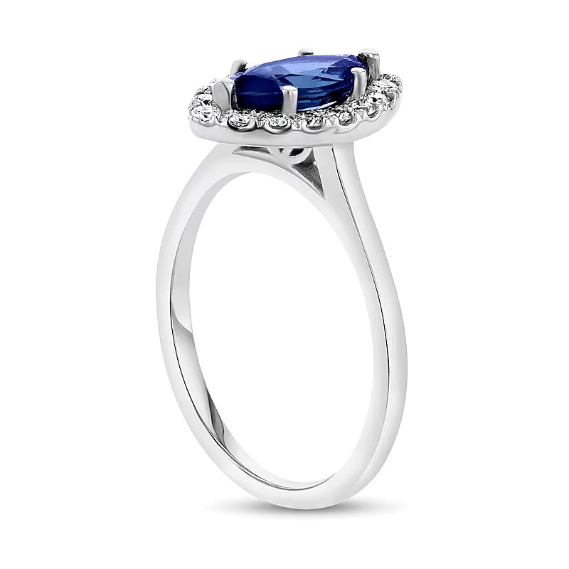 Ring mit blauem Saphir im Marquise-Schliff und Diamanten 0,25 ct. Gesamtgewicht im Halo aus 14K Weißgold