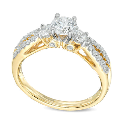 0.63 ct. Gesamtgewicht Diamant Dreistein-Verlobungsring mit geteilter Schiene in 14K Gelbgold