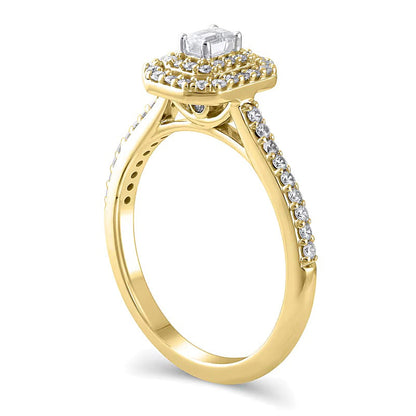 Verlobungsring mit Diamant im Smaragdschliff 0,5 ct. Gesamtgewicht und doppeltem oktogonalem Halo in 10K Gelbgold