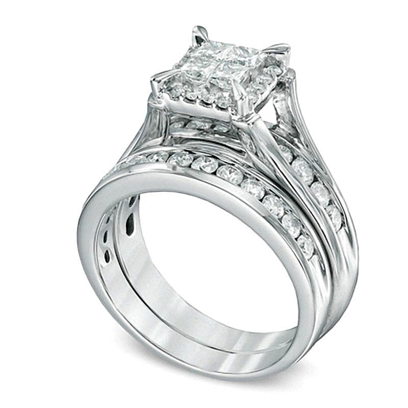 Braut-Set mit Diamanten im Princess- und Rundschliff, 1.5 ct. Gesamtgewicht, in 14K Weißgold