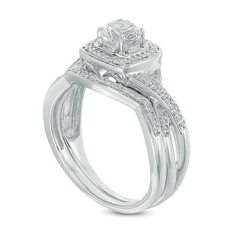 5,0mm Braut-Set mit im Labor gezüchtetem weißem Saphir und Diamant-Besatz in rhodiniertem Sterlingsilber