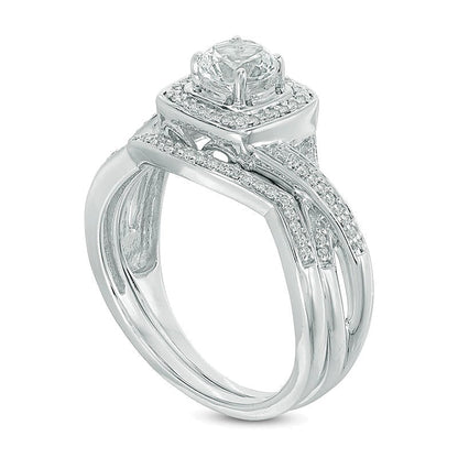 5,0mm Braut-Set mit im Labor gezüchtetem weißem Saphir und Diamant-Besatz in rhodiniertem Sterlingsilber