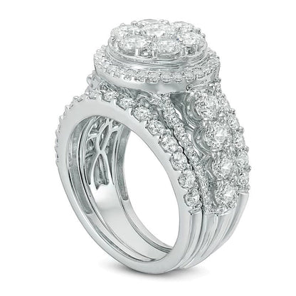 3.5 ct. Gesamtgewicht Diamant Brautset mit doppeltem Rahmen, dreiteilig, in 14K Weißgold