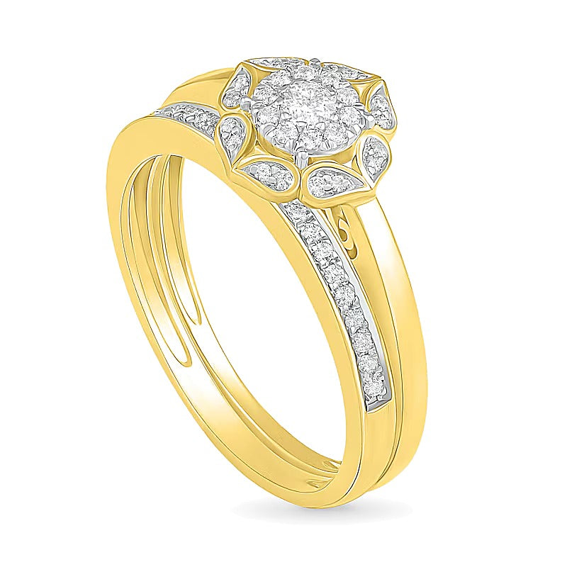 0.33 ct. Gesamtgewicht Diamant Brautset mit Blütenrahmen in 10K Gelbgold