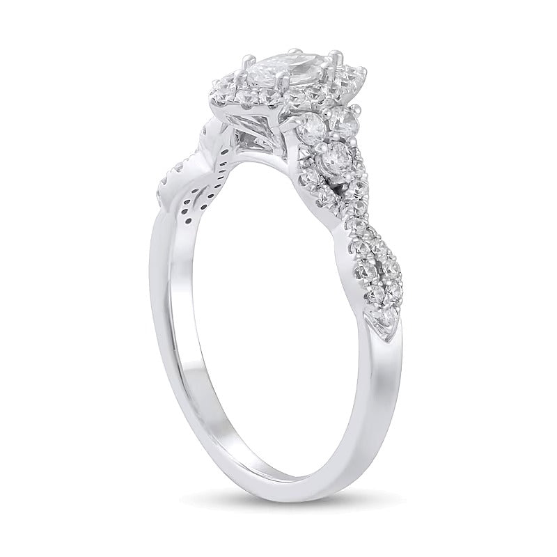 Halo-Verlobungsring mit Diamanten im Marquise- und Rundschliff 0,75 ct. Gesamtgewicht in 14K Weißgold