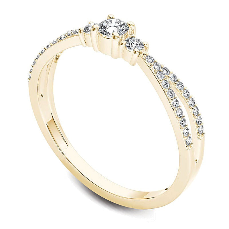 0.25 ct. Gesamtgewicht Diamant Dreistein Verlobungsring mit geteiltem Ringschienenkopf in 14K Gelbgold