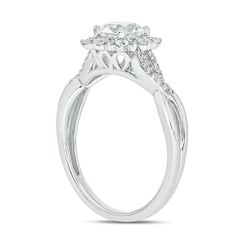 Verlobungsring mit weißem Labor-Saphir 6,0 mm und Diamant 0,25 ct. Gesamtgewicht, Halo mit gedrehter Schiene, in 10K Gold