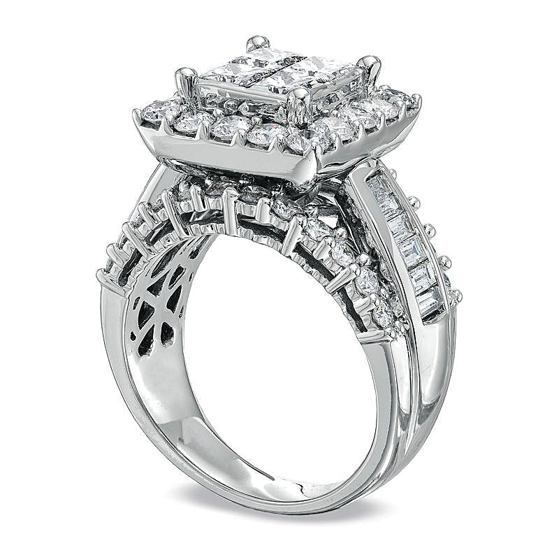 3.0 ct. Gesamtgewicht Verlobungsring mit vier Diamanten im Princess- und Baguette-Schliff in 14K Weißgold