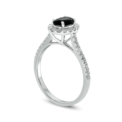 1.0 ct. Gesamtgewicht behandelter schwarzer und weißer Diamant-Verlobungsring im Halo mit ovalem und rundem Schliff in 10K Weißgold für Damen