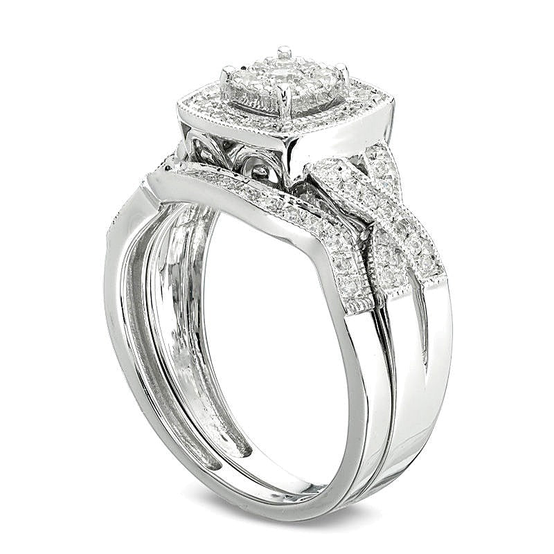 Braut-Set mit Diamanten im Kissenschliff und rund im Vintage-Stil, 0.5 ct. Gesamtgewicht, in 10K Weißgold
