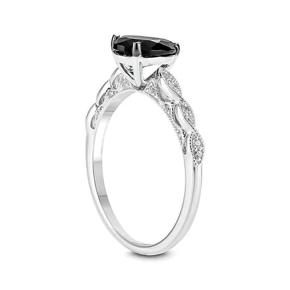 Verlobungsring im Vintage-Stil mit tropfenförmigem schwarzem Saphir und 0,1 ct. Gesamtgewicht Diamanten in 10K Weißgold
