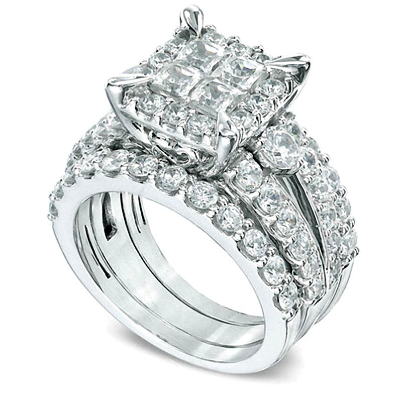 4.0 ct. Gesamtgewicht Brautset mit Diamanten im Princess- und Rundschliff in 14K Weißgold