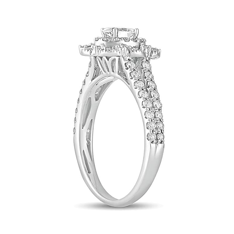 Verlobungsring im Vintage-Stil mit ovalem Diamant und Halo, 1.0 ct. Gesamtgewicht, 14K Weißgold