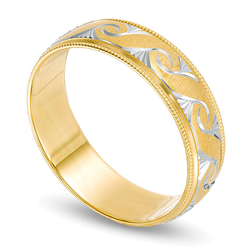 6,0mm Ehering mit Diamant-Cut-Wirbelmuster und Milgrain-Kante, Komfortschliff, in 10K Gold mit weißem Rhodium