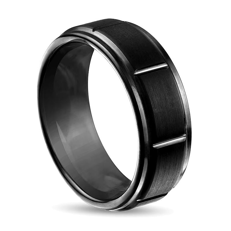 8,0 mm Ring mit gebürsteter Mitte und abgestufter Kante aus schwarzem ionenbeschichtetem Wolfram