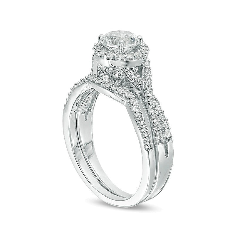 6,0mm Braut-Set mit weißem Labor-Saphir und Criss-Cross-Ringschiene in rhodiniertem Sterlingsilber