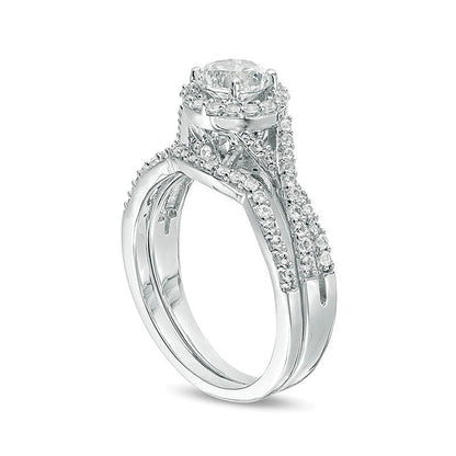 6,0mm Braut-Set mit weißem Labor-Saphir und Criss-Cross-Ringschiene in rhodiniertem Sterlingsilber